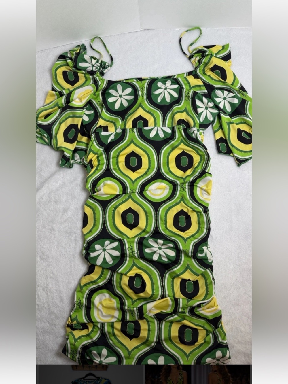 Y2K M Baby Phat Green Floral Geometric Cold-Shoulder Dress